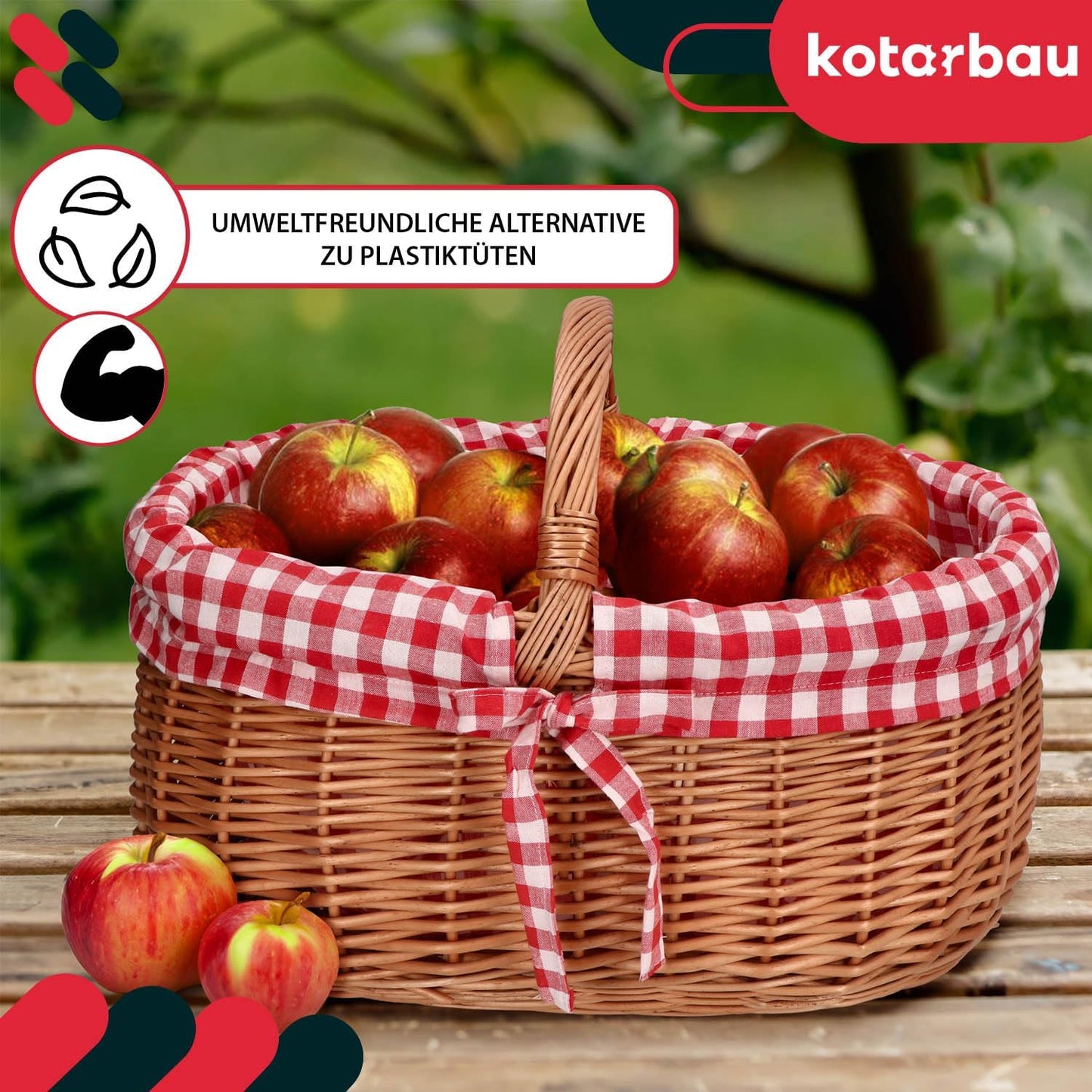 Picknickkorb mit Einsatz, Mit Rot Kariertem