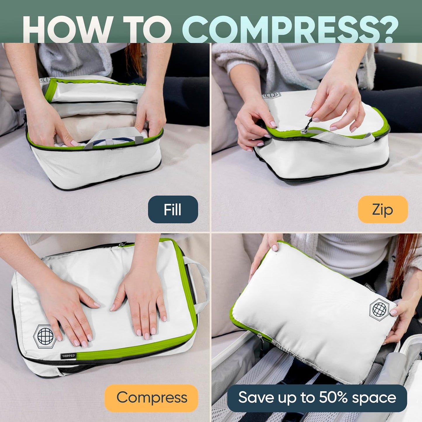 Kompressions-Verpackungswürfel-Set, Weiss/Grün