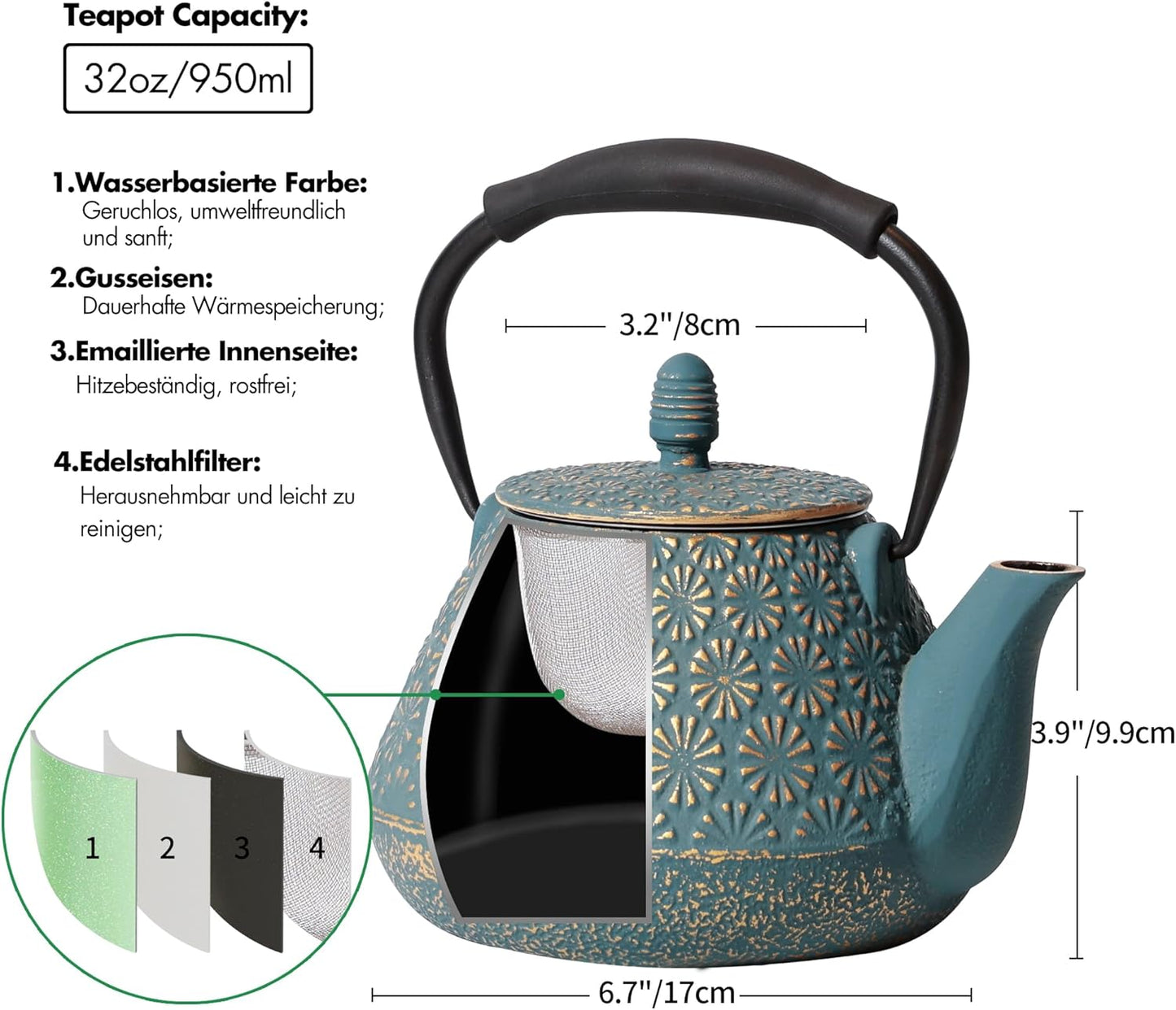 Teekessel mit Kirschblütenmuster, Blau, 950 Ml