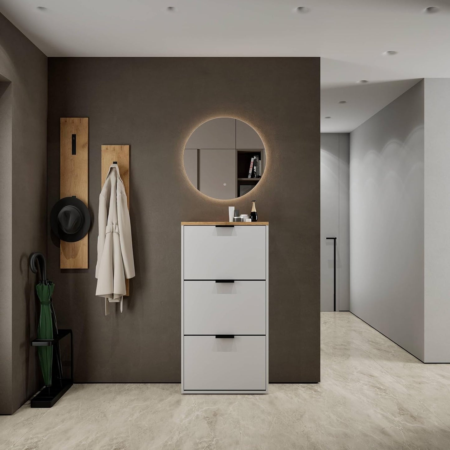 Schuhschrank mit 3 Klappen und 6 Ablagen, platzsparend, 3 Klappen Weiss-grau