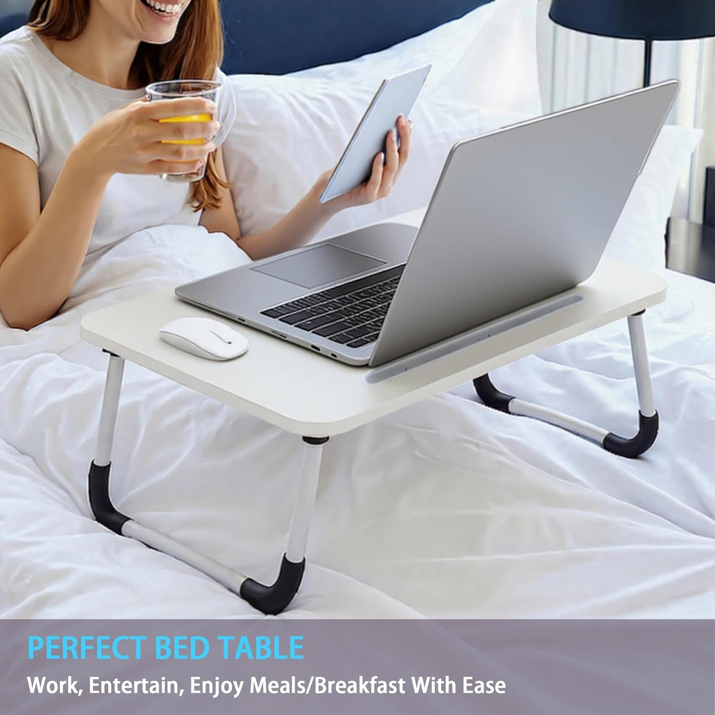 Klapptisch für Laptop und Frühstück mit Tablethalterung, White
