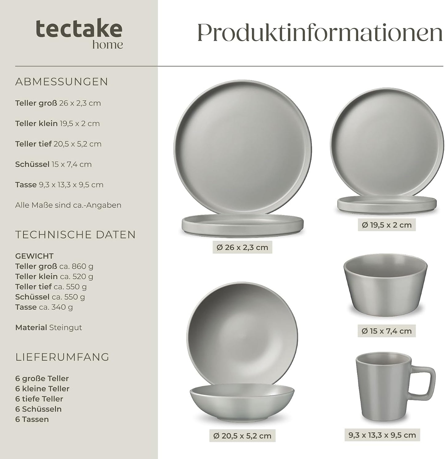 Küchenstarterset für 6 Personen, 45-tlg. Grau/Schwarz