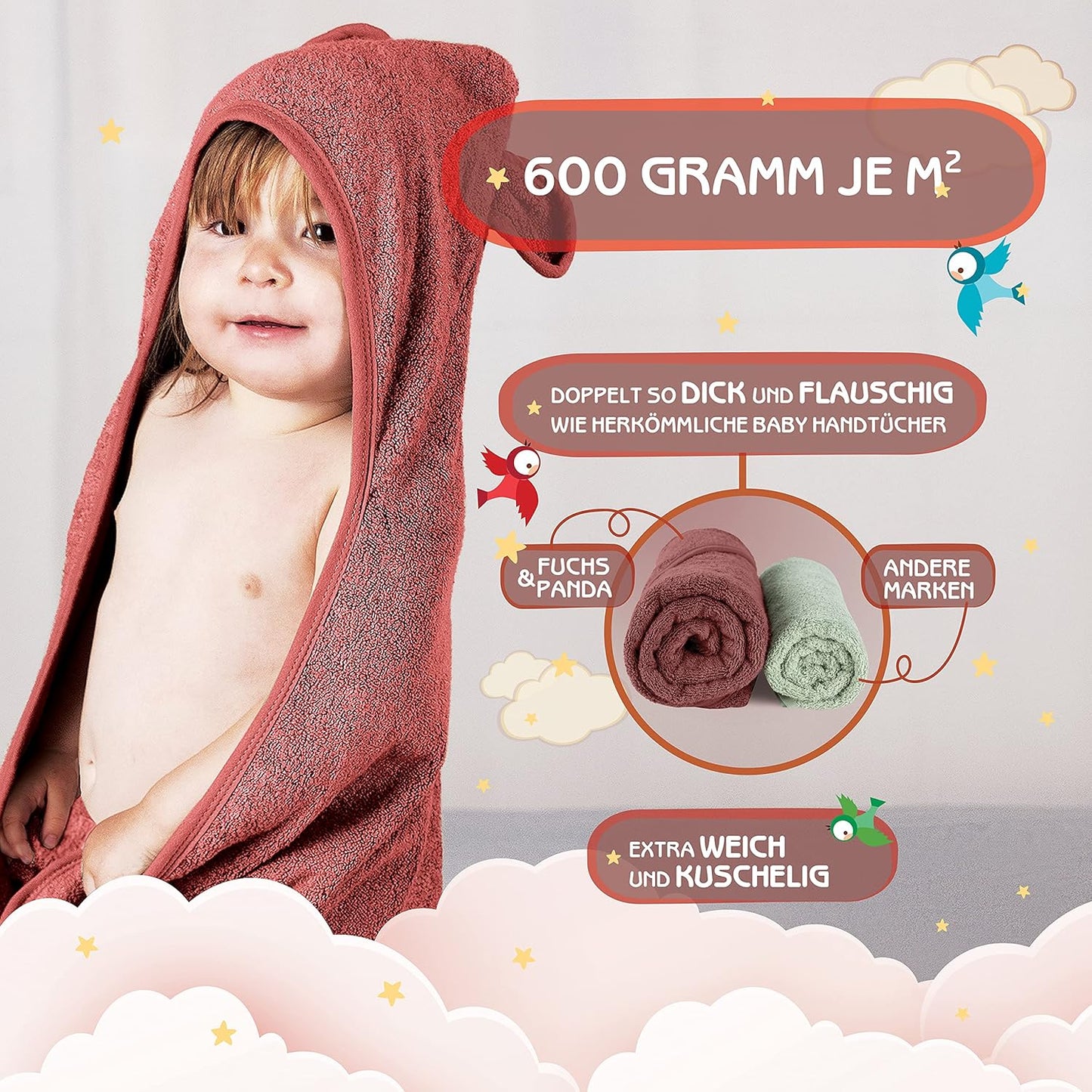 Kapuzenhandtuch Baby, extra dick & weich, 75x75cm, Purpur-rot