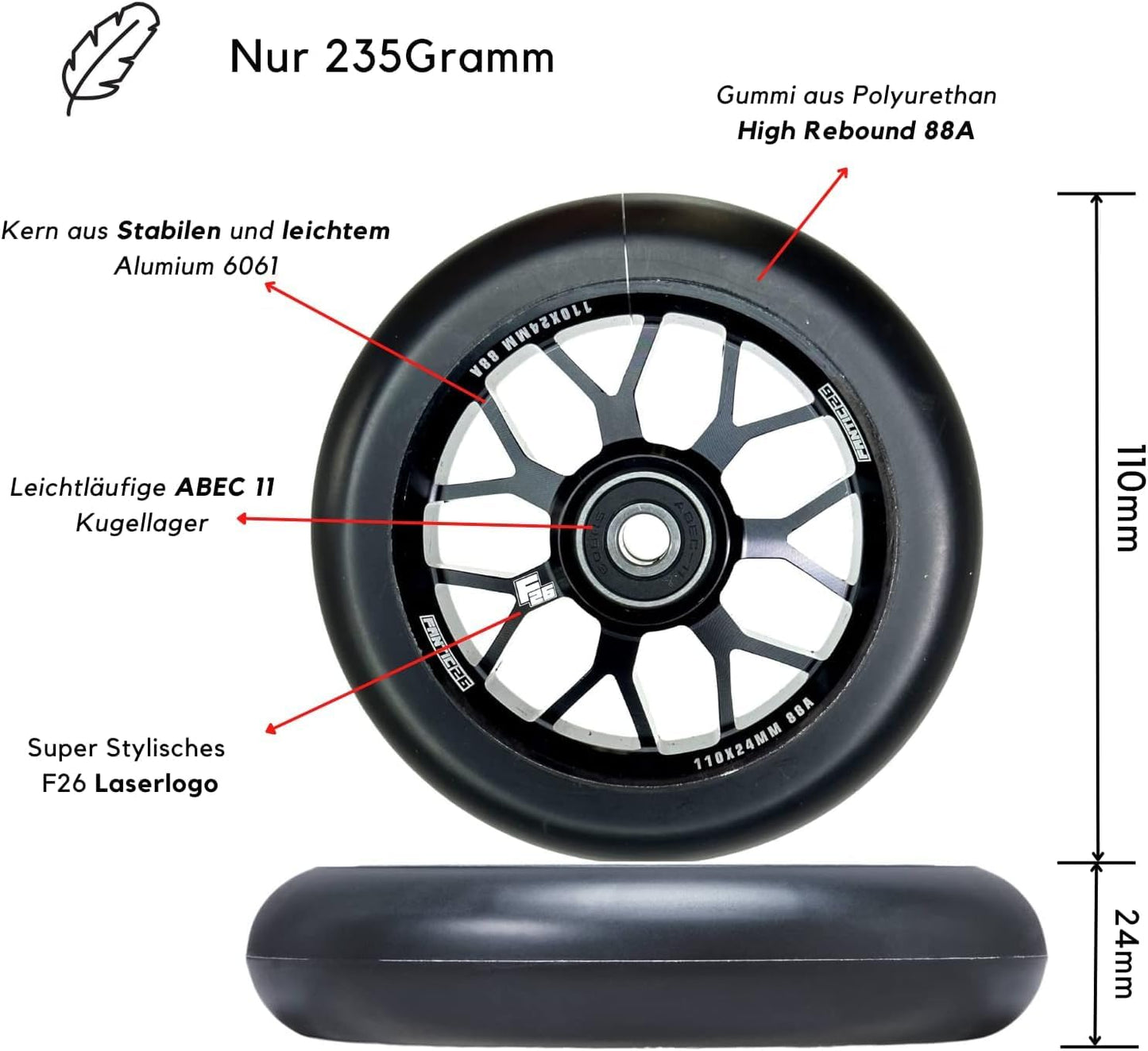 Stunt Scooter Freestyle Rad, 110mm, Pink//Pu Schwarz