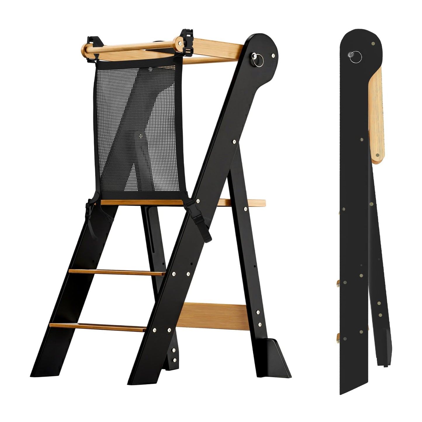 Montessori Lernturm klappbar und höhenverstellbar, L Schwarz & Natur