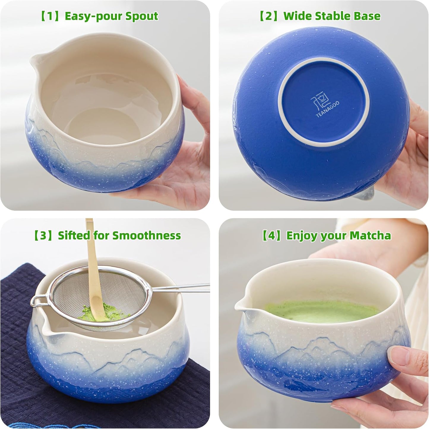 7-teiliges Matcha Tee-Set, 7Stück/Set, Schüssel mit Ausgießer Farbverlauf Blau