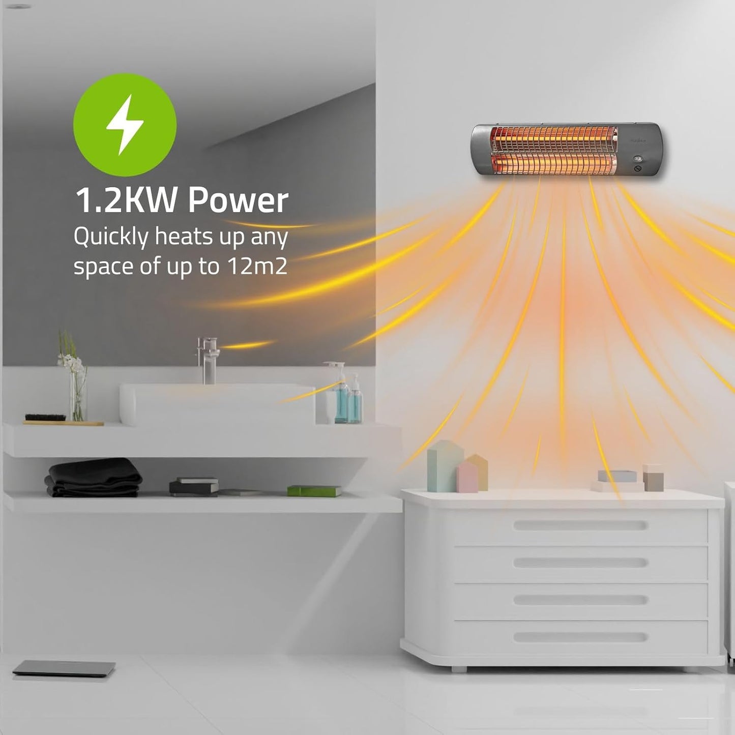 Badezimmer-Heizung HTBA10GY mit verstellbarem Thermostat, 1200 Watt