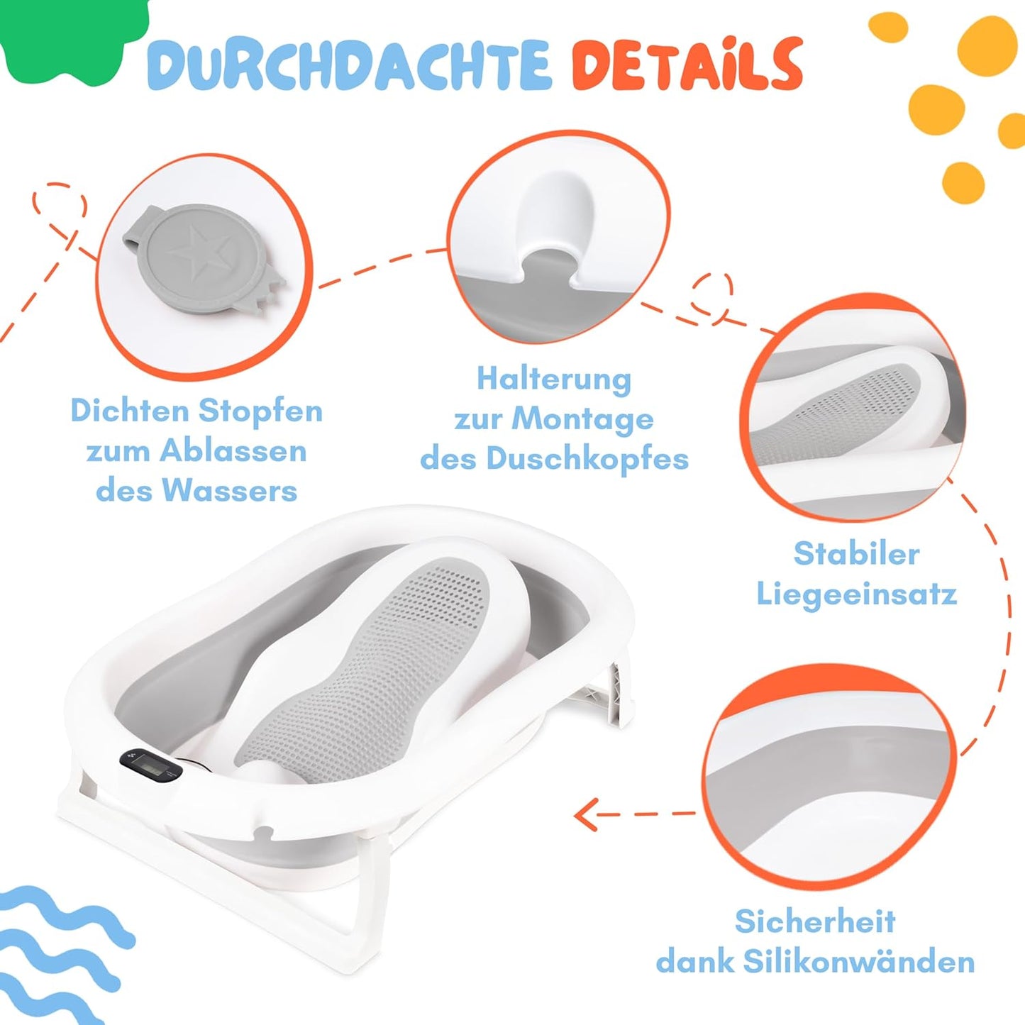 Faltbare Babybadewanne mit Thermometer und Sitz, Grau ohne Ständer mit Badesitz