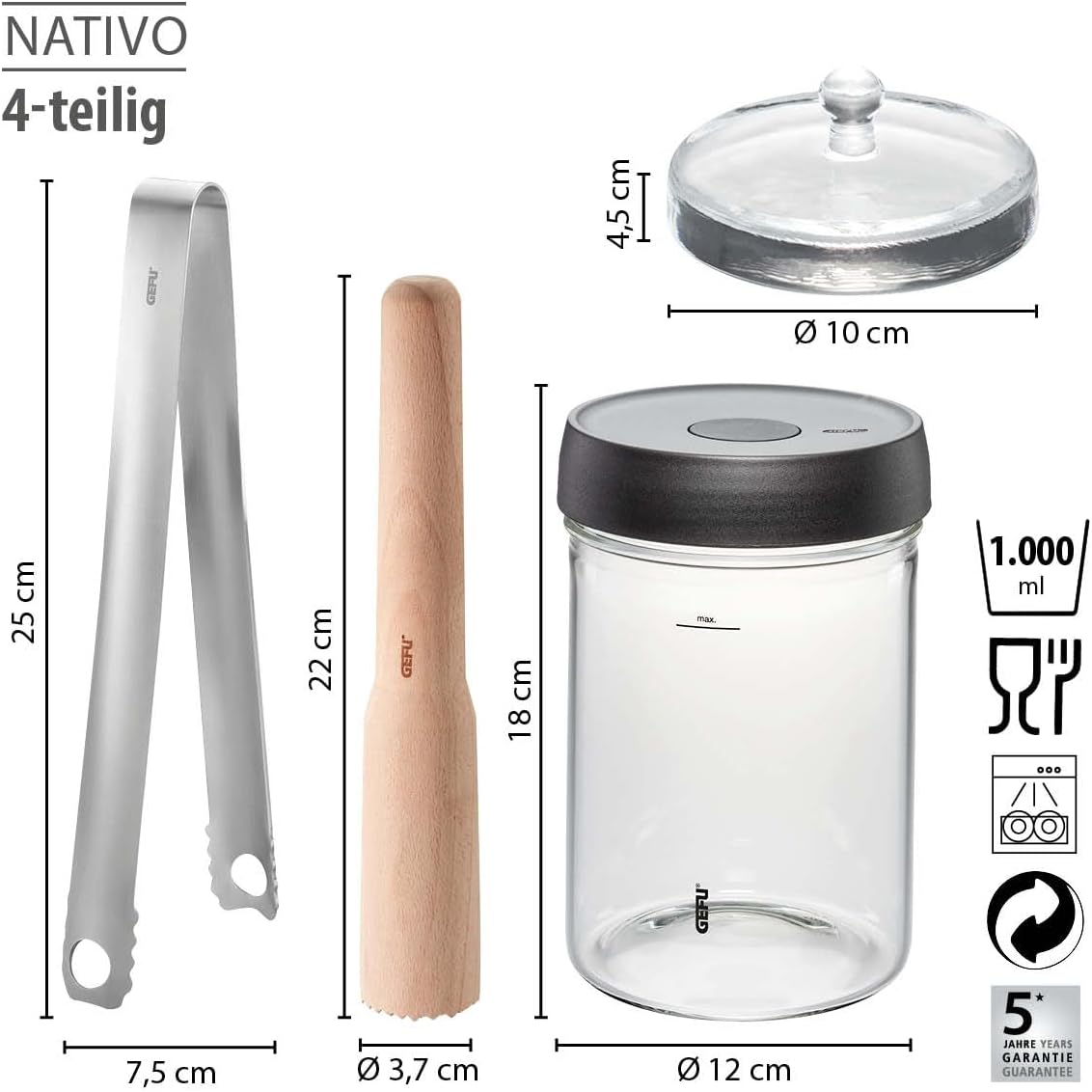 4-teiliges Fermentierset Nativo, 1 Liter (mit Stößel und Zange)