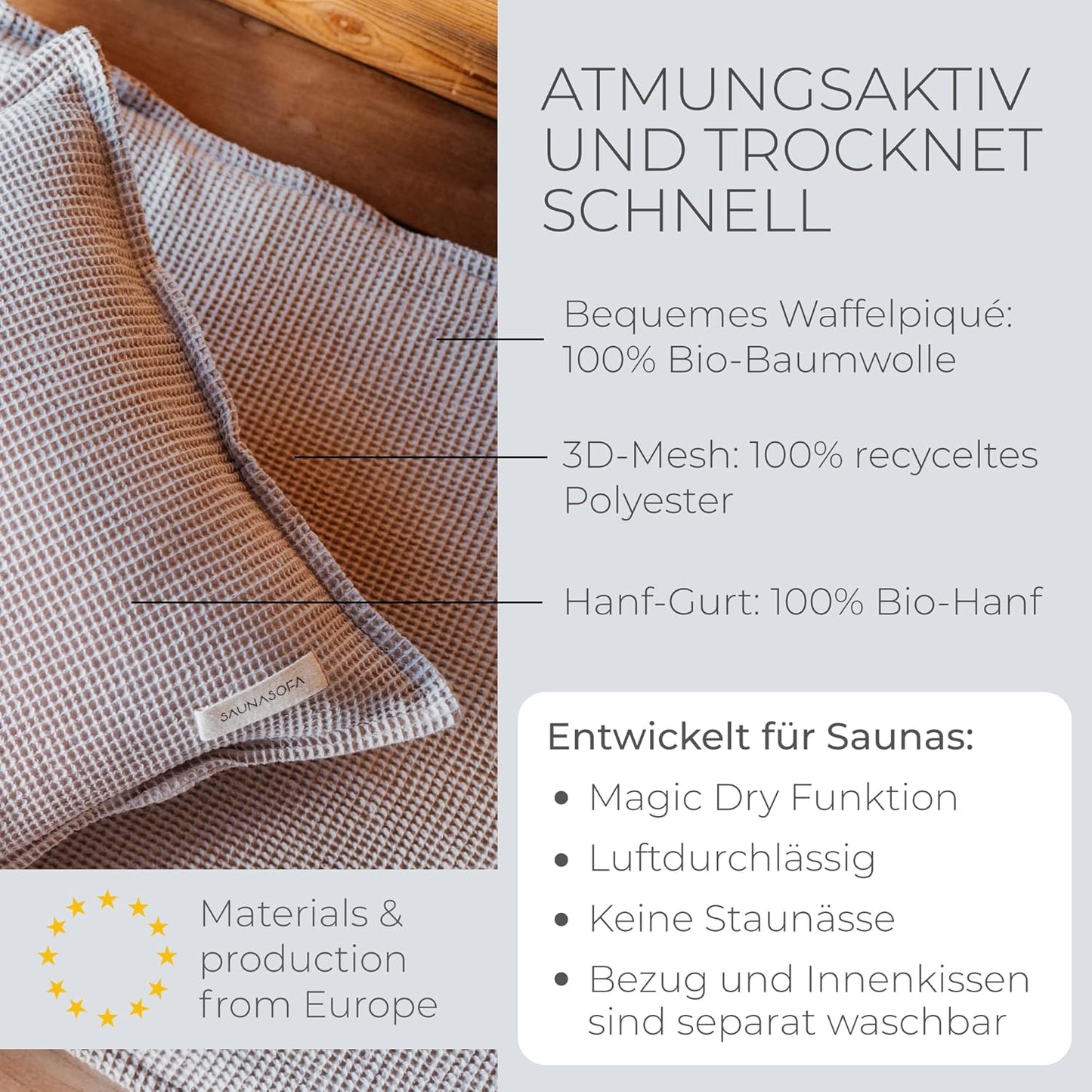 Sauna-Set Premium Matte & Kissen, hitzebeständig & waschbar, Grau