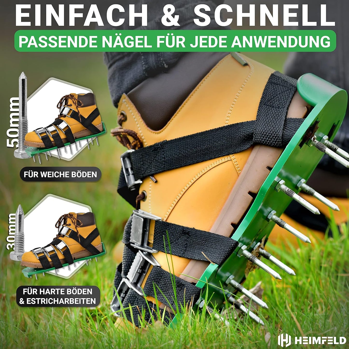 Rasenlüfter-Nagelschuhe mit Riemen (Schuhgrösse 37 bis 48), Grün