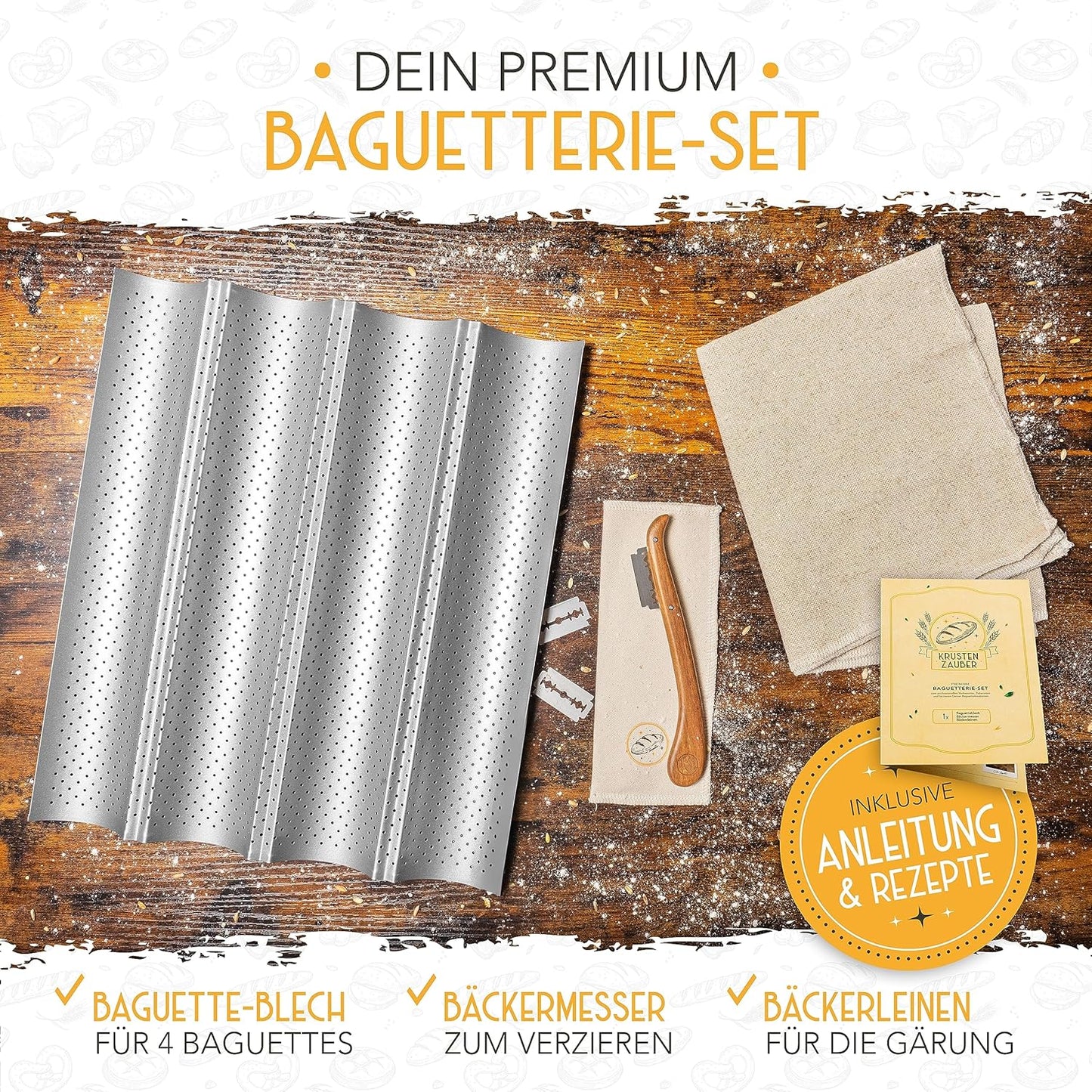 Baguettebackform Set mit Bäckerleinen & Messer, 4er Baguetteform