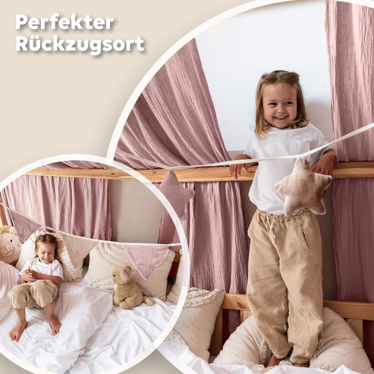 Stoffhimmel-Set aus Musselin, Puderrosa mit Gold 2er Set 67 x 270cm