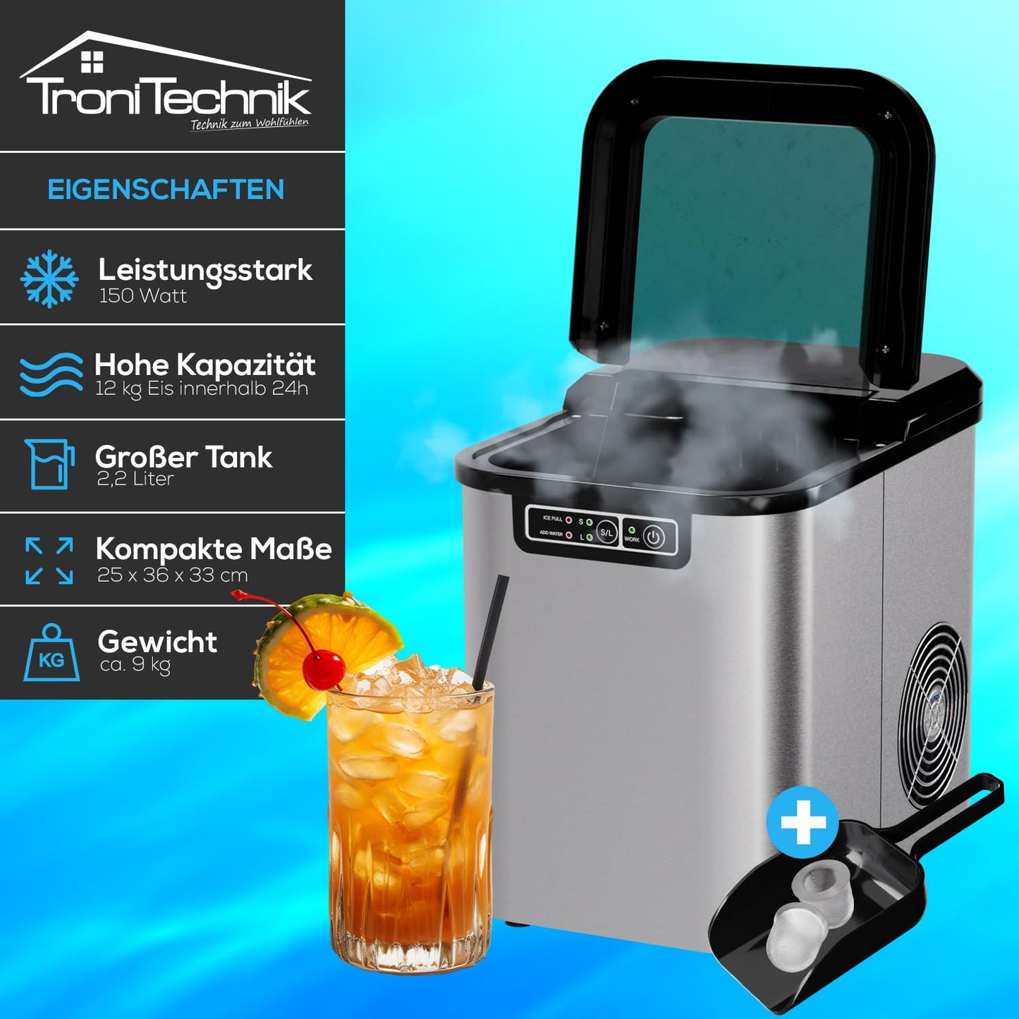 Eiswürfelmaschine mit Selbstreinigung, Edelstahl (Silber)