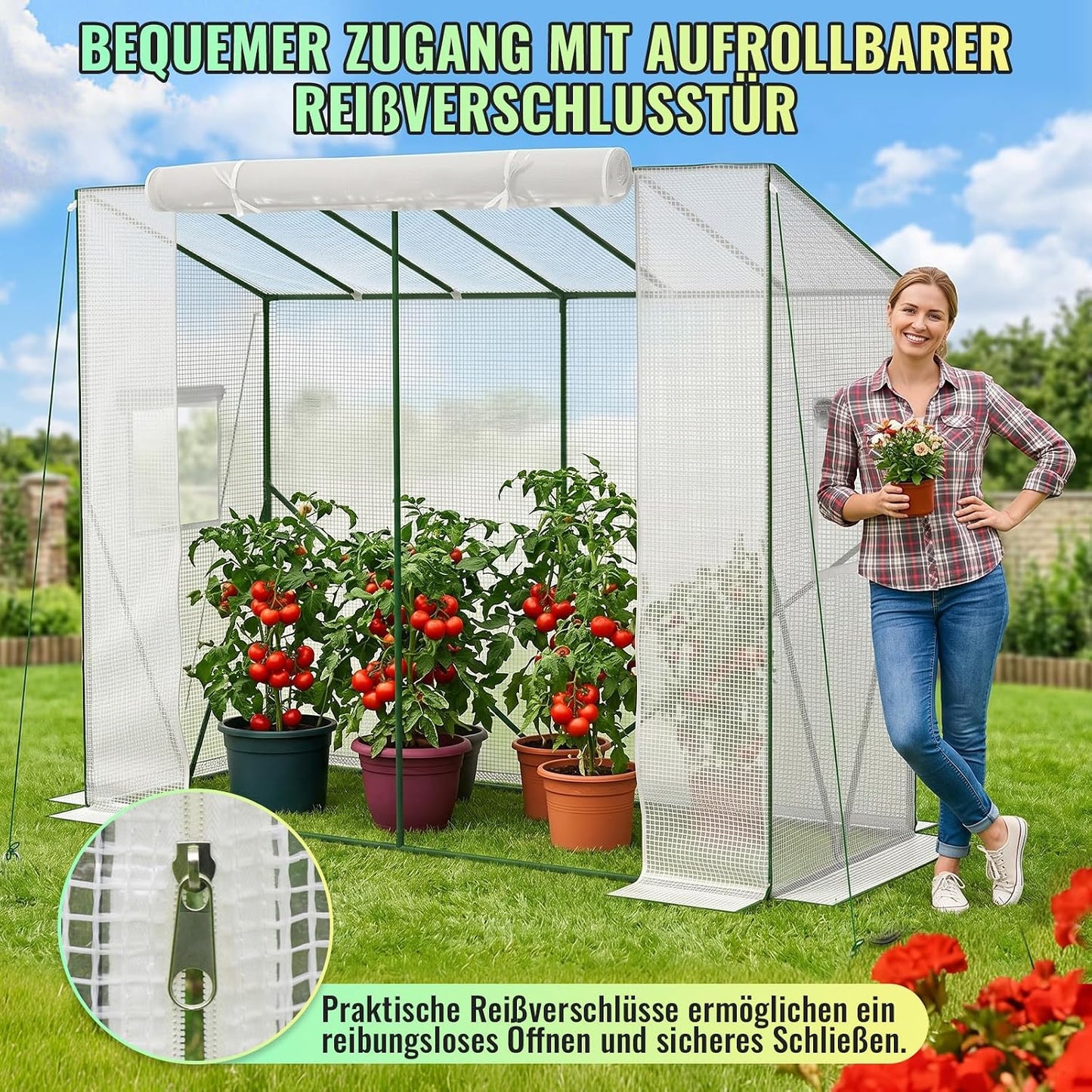 Begehbares Tomatengewächshaus mit Schrägdach
