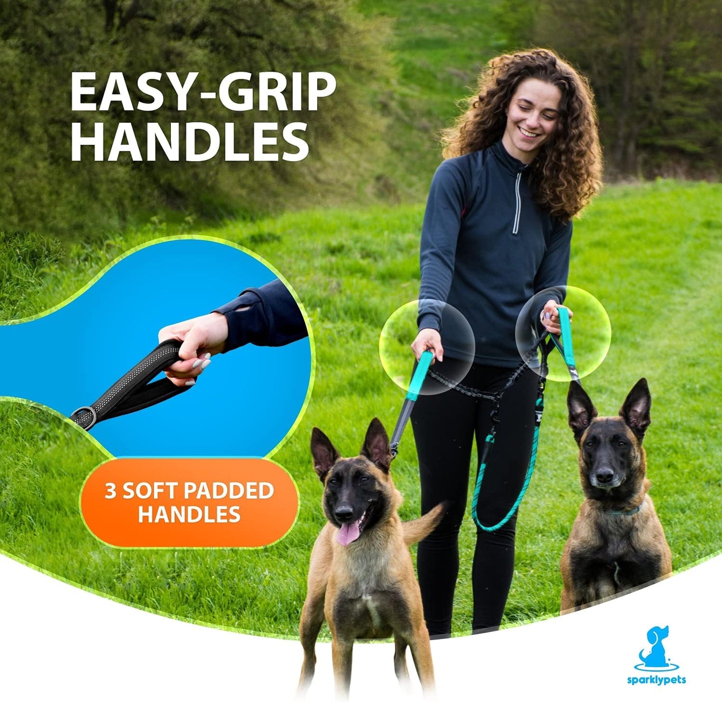 Hundeleine mit Ruckdämpfer, Türkisgrün Für 2 mittelgrosse/grosse Hunde