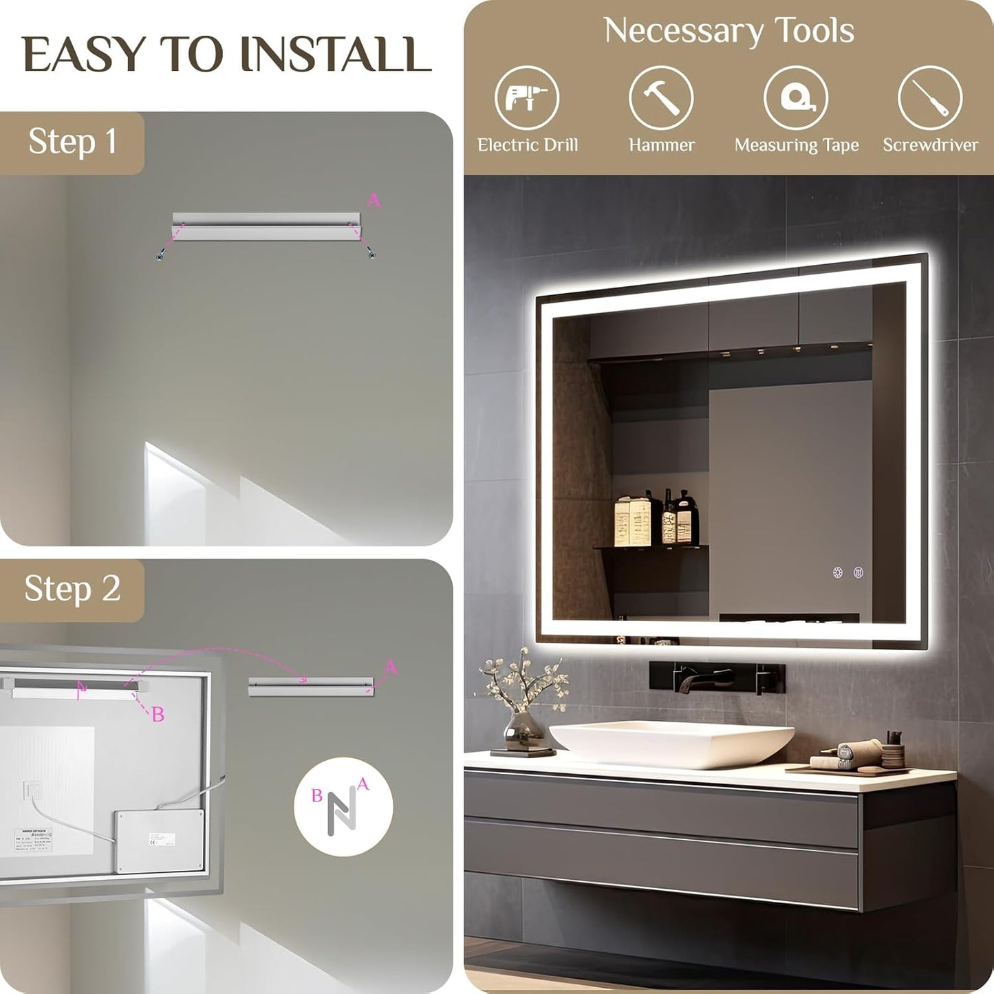 Badspiegel mit LED-Beleuchtung, dimmbar, Touch-Schalter und Beschlagfrei, 100L x 60B cm