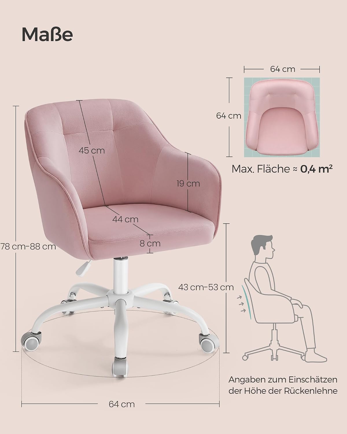 Homeoffice-Drehstuhl, höhenverstellbar, bis 110 kg, Pastellrosa Samt