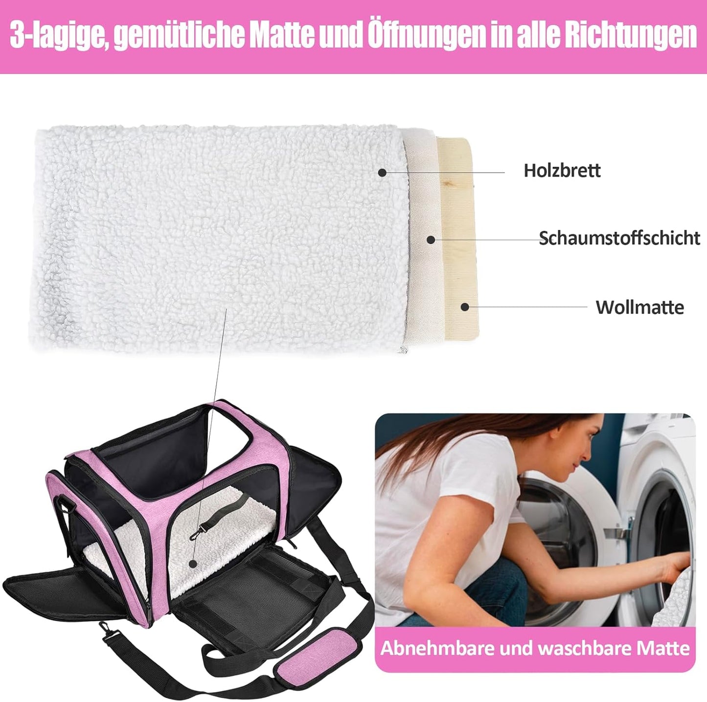 Faltbare Transporttasche für Katzen und Hunde (8 kg), L 50 x B 34 x H 34 cm Rosa