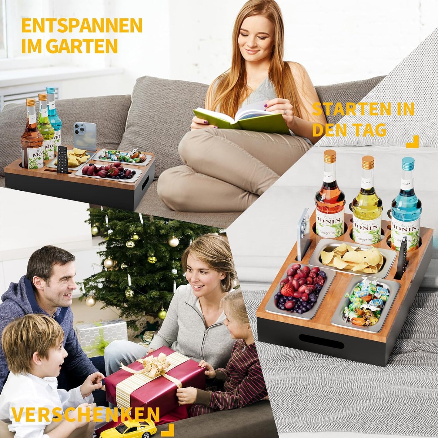 Sofa Organizer mit Snackschalen und Ablagen, Holzfarbe