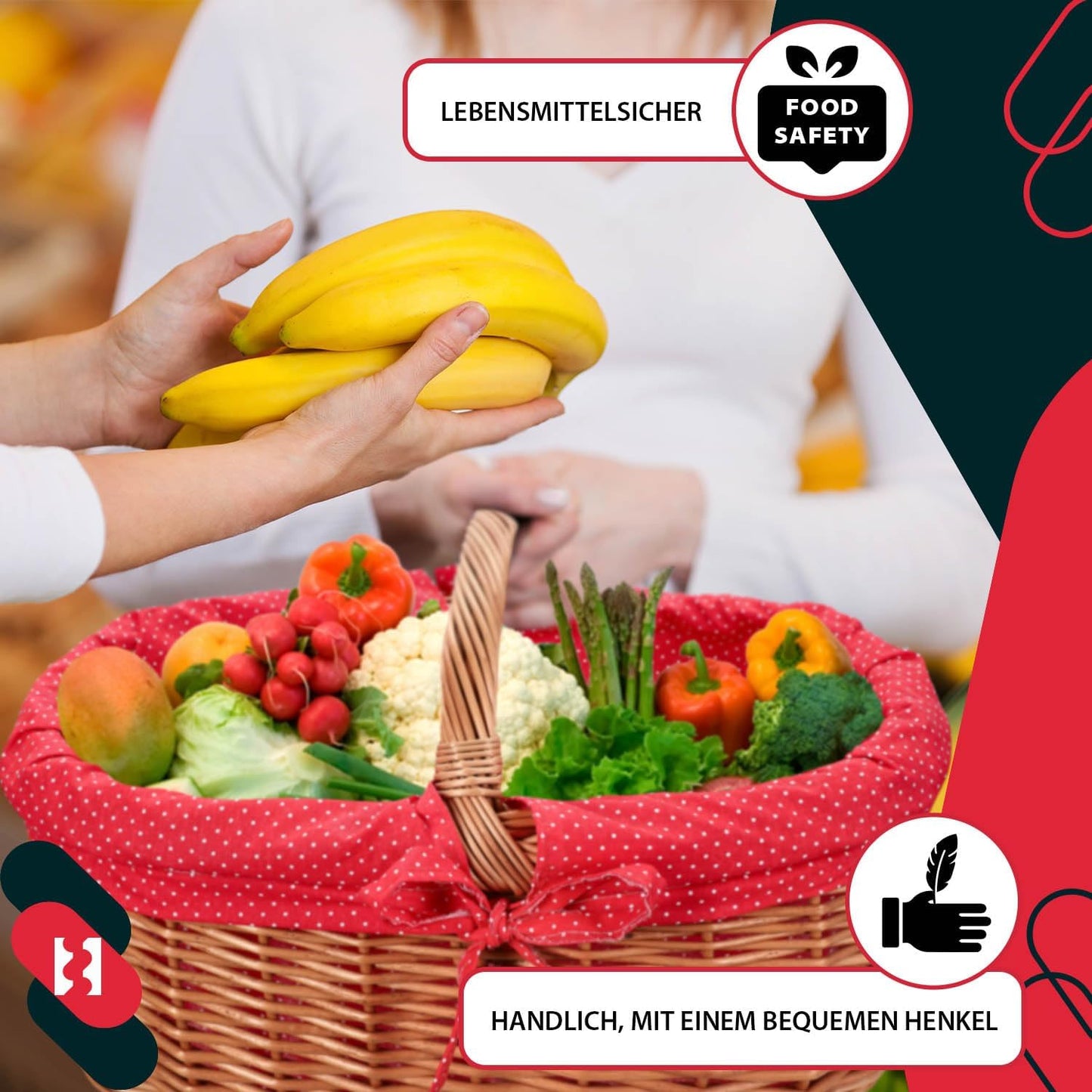 Grosser Weidenkorb mit Henkel und Stoffeinlage, Rot