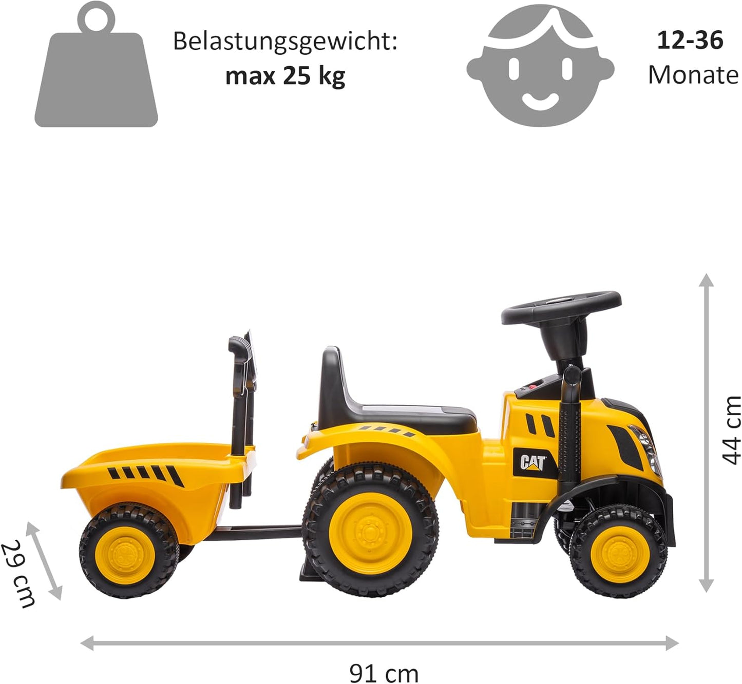 Rutschauto Traktor mit Anhänger, Schaufel und Rechen, Cat Gelb