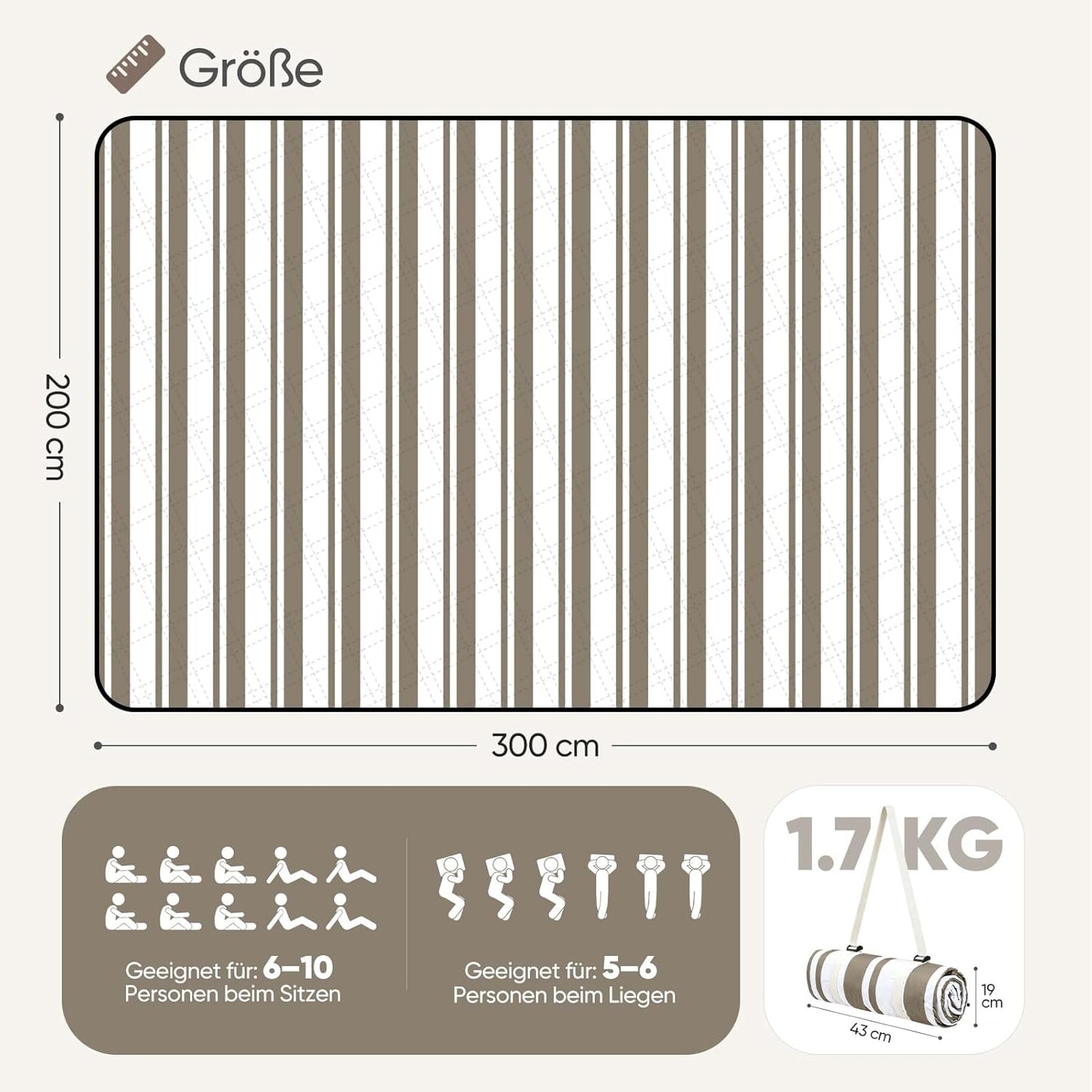 Wasserdichte Picknick- und Stranddecke, 200x300 cm Taupe - Streifen