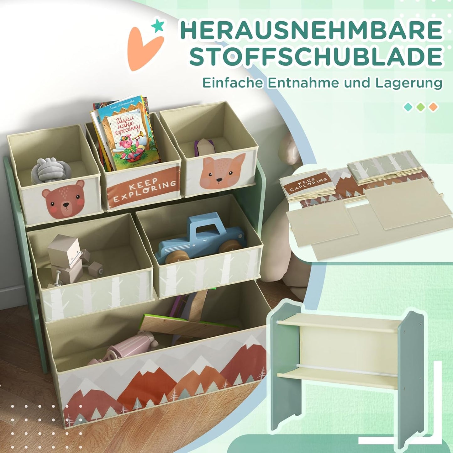 Kinderzimmerregal MDF, Vliesstoff Grün, Grün
