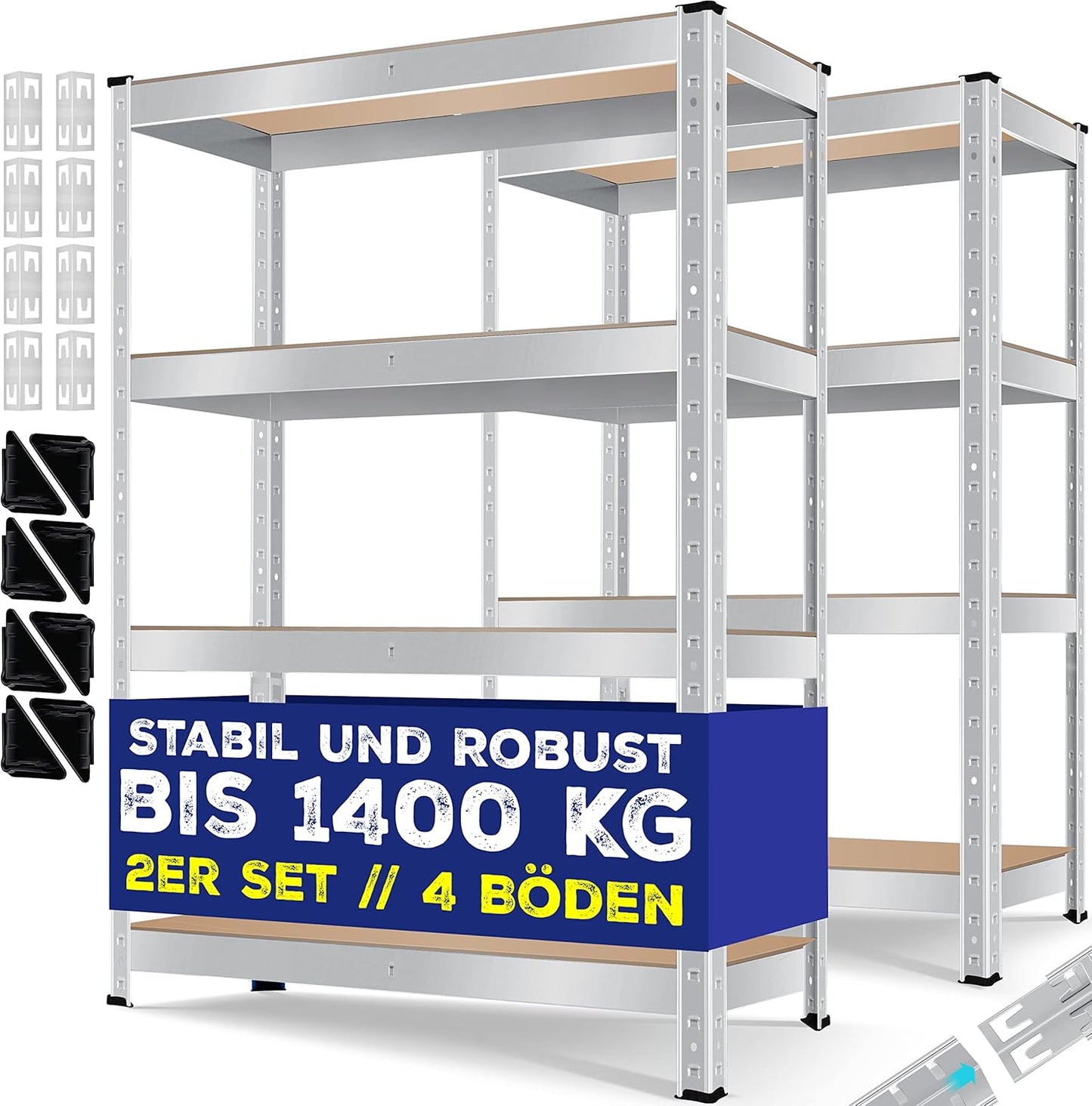 2er-Set Schwerlastregal für Keller und Werkstatt, 2x 160x80x40cm 4-Böden 2x Silber 700kg