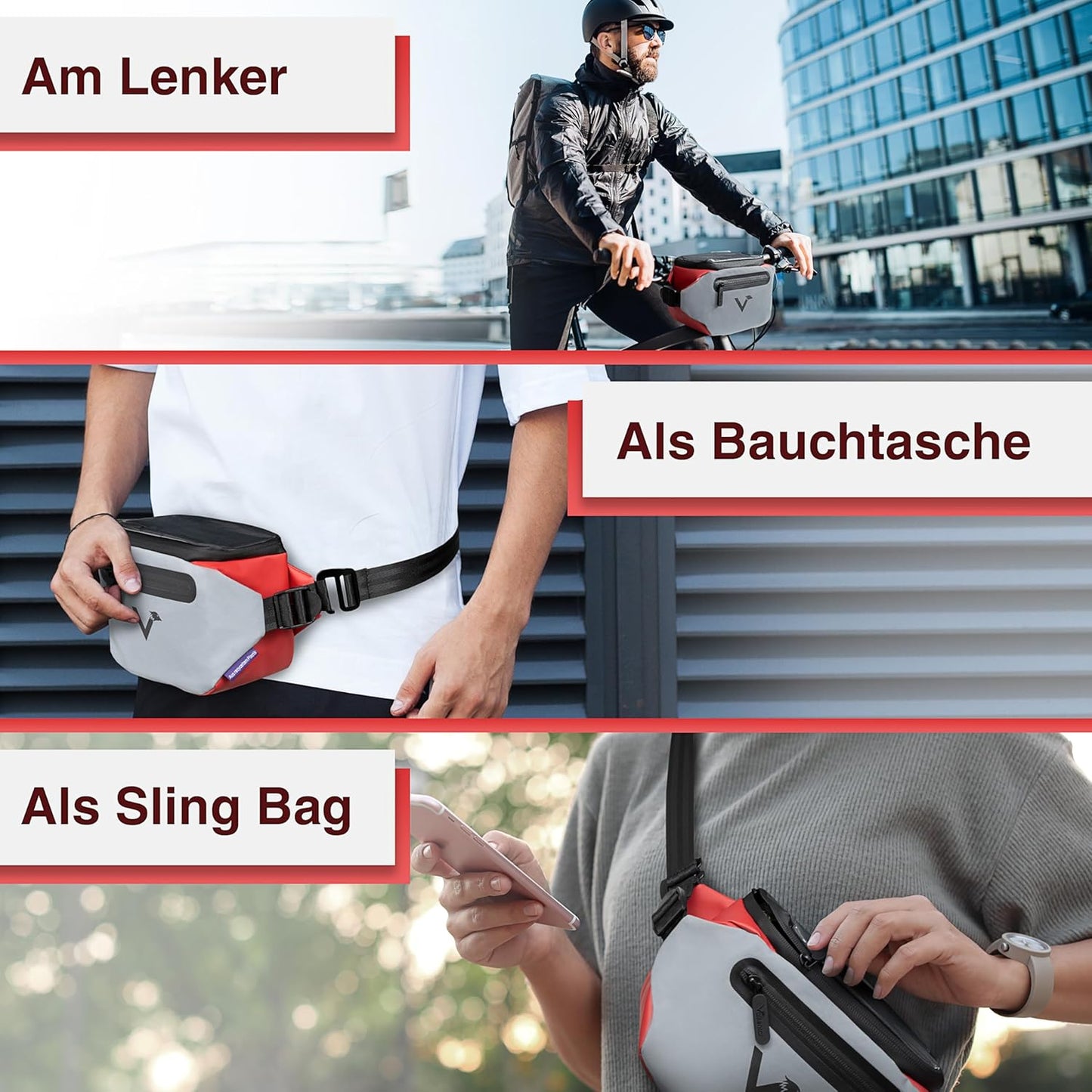 Wasserfeste Lenkertasche mit Handyfach und Reflektor, Rotreflective Adapter