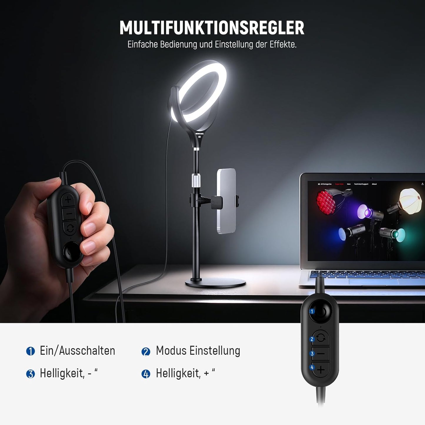 Tisch-Ringlicht mit Ständer und Handyhalterung, 7" Schwarz