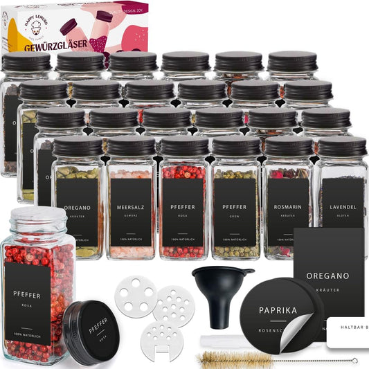 24-teiliges Gewürzgläser Set mit Etiketten, Streueinsatz, Trichter & Reinigungsbürste, Schwarz - 24 - schwarze Etiketten