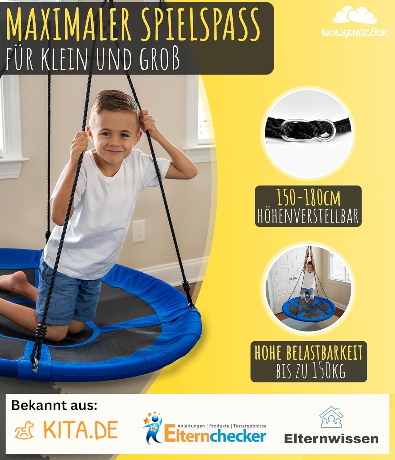 Höhenverstellbare Nestschaukel, 60 cm, inkl. Zubehör, Blau - 60cm Durchmesser