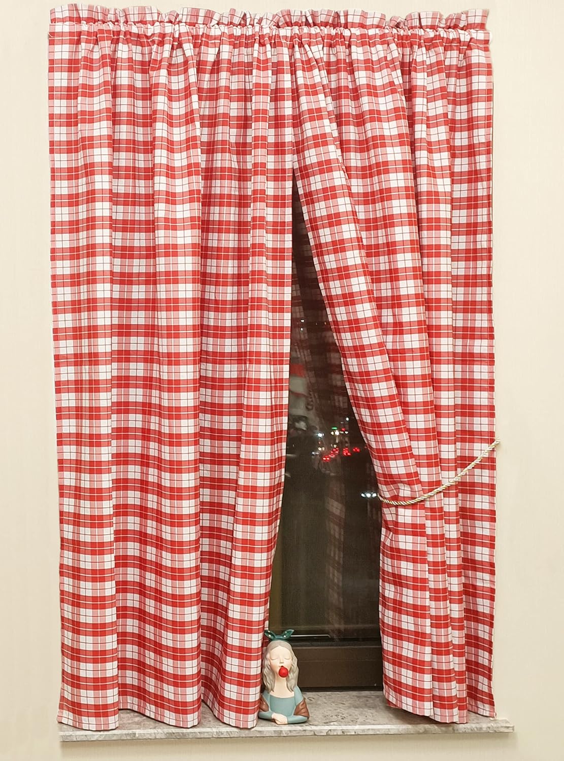 Blickdichter Vorhänge mit Karo-Muster Landhaus Gardinen, Tunnelzug&kräuselband Rot H140 x B80 cm (2er Pack)