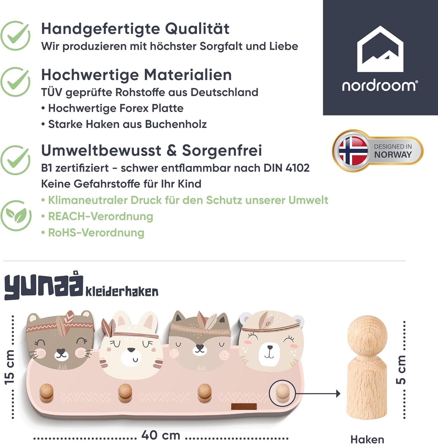 Wandgarderobe yunaå mit Tiermotiven und 4 Haken, yunaå