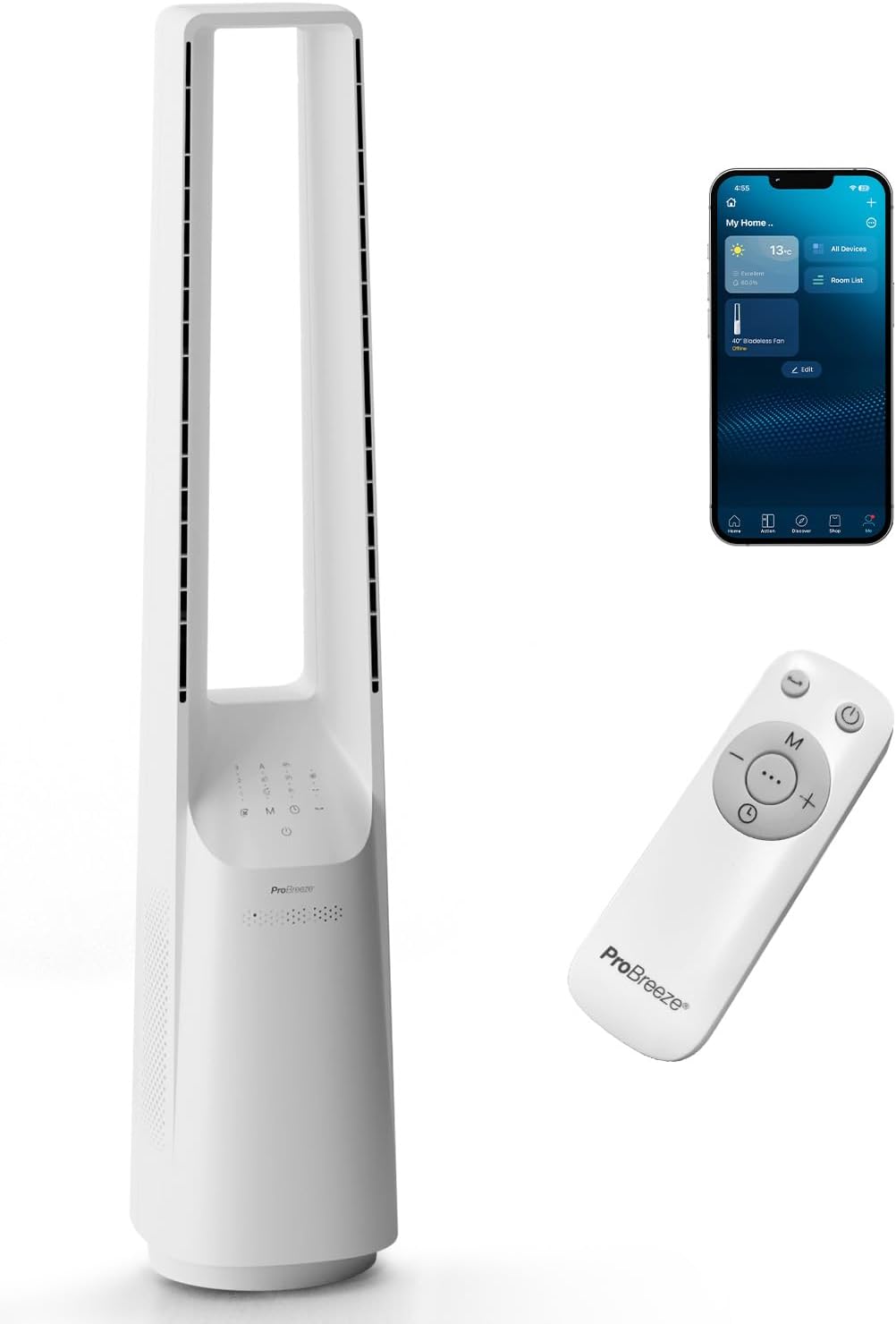 Rotorloser Smart Home Turmventilator mit WLAN, LED Display, Smart App Weiß