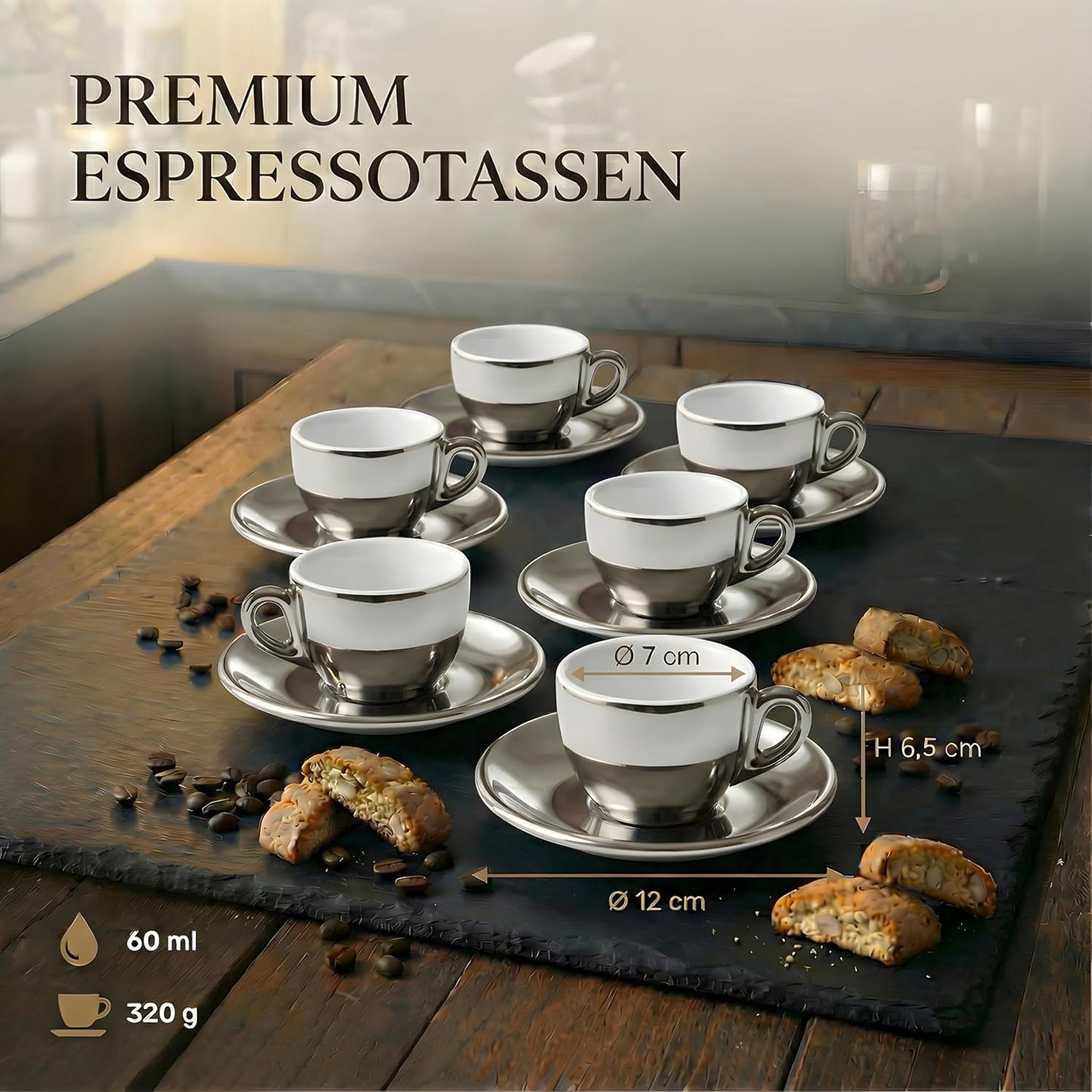 Espressotassen-Set mit Untertassen, Silber 60 ml