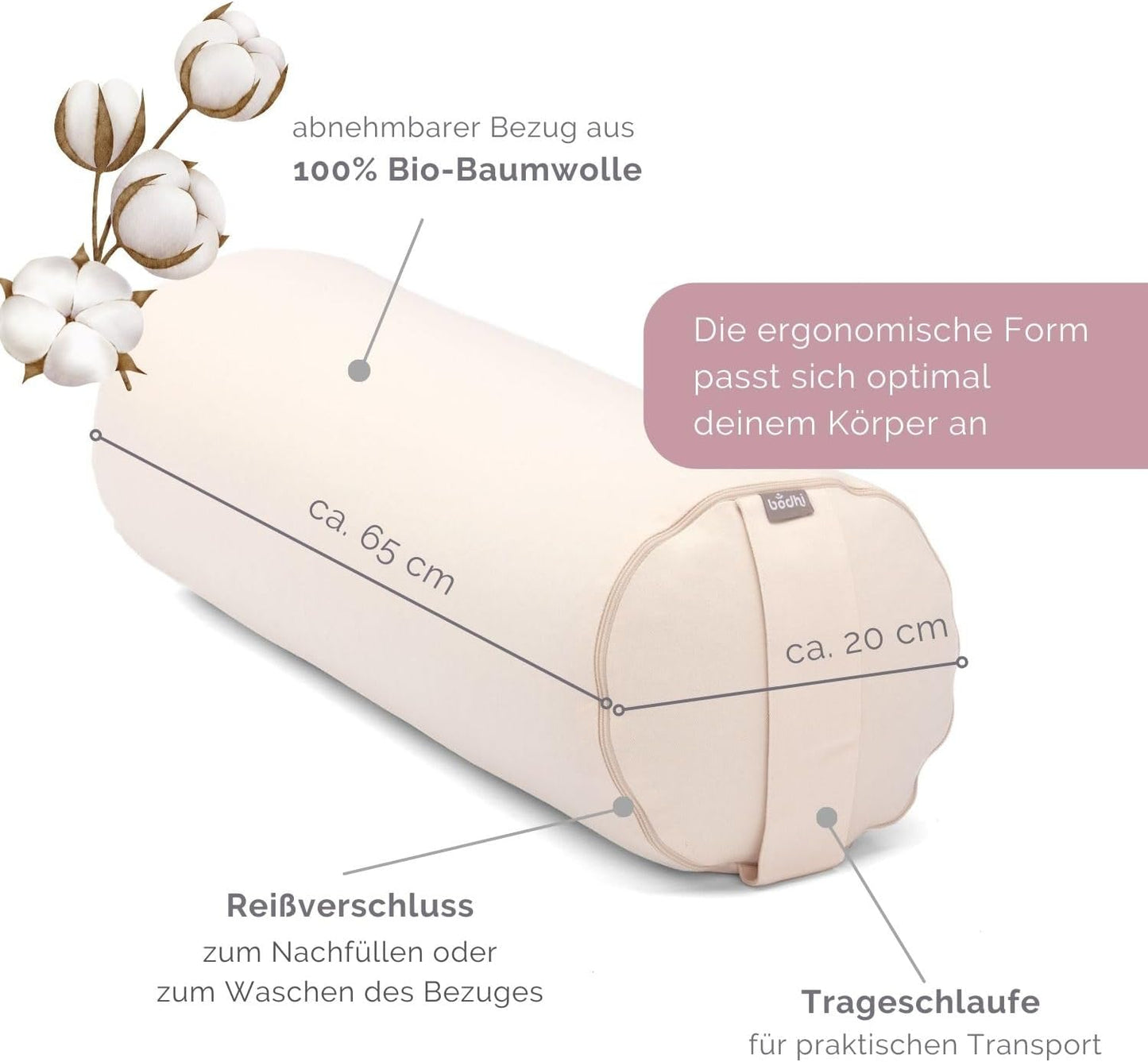 Yoga Bolster Eco mit Bio Dinkelfüllung, natur