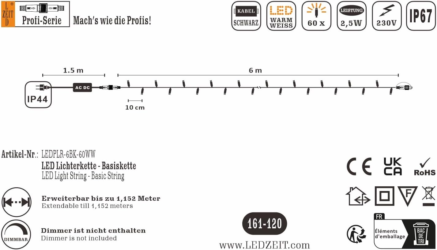 Profi-LED Lichterkette Basis 6m (erweiterbar), Dauerlicht - Schwarzes Kabel, 6m Basiskette - Warmweiss