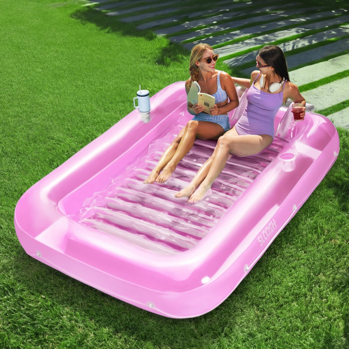 Aufblasbarer Sonnenpool mit abnehmbarem Kissen und Getränkehalter, Rosa-Weiss XL