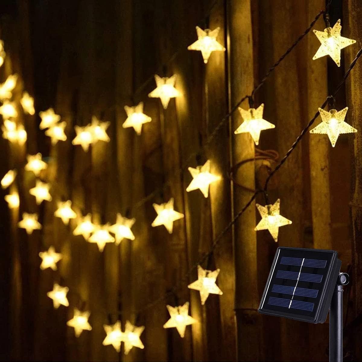 Solarlichterkette mit Sternen, 15m, wetterfest, Warmweiss (1,19 €/M)