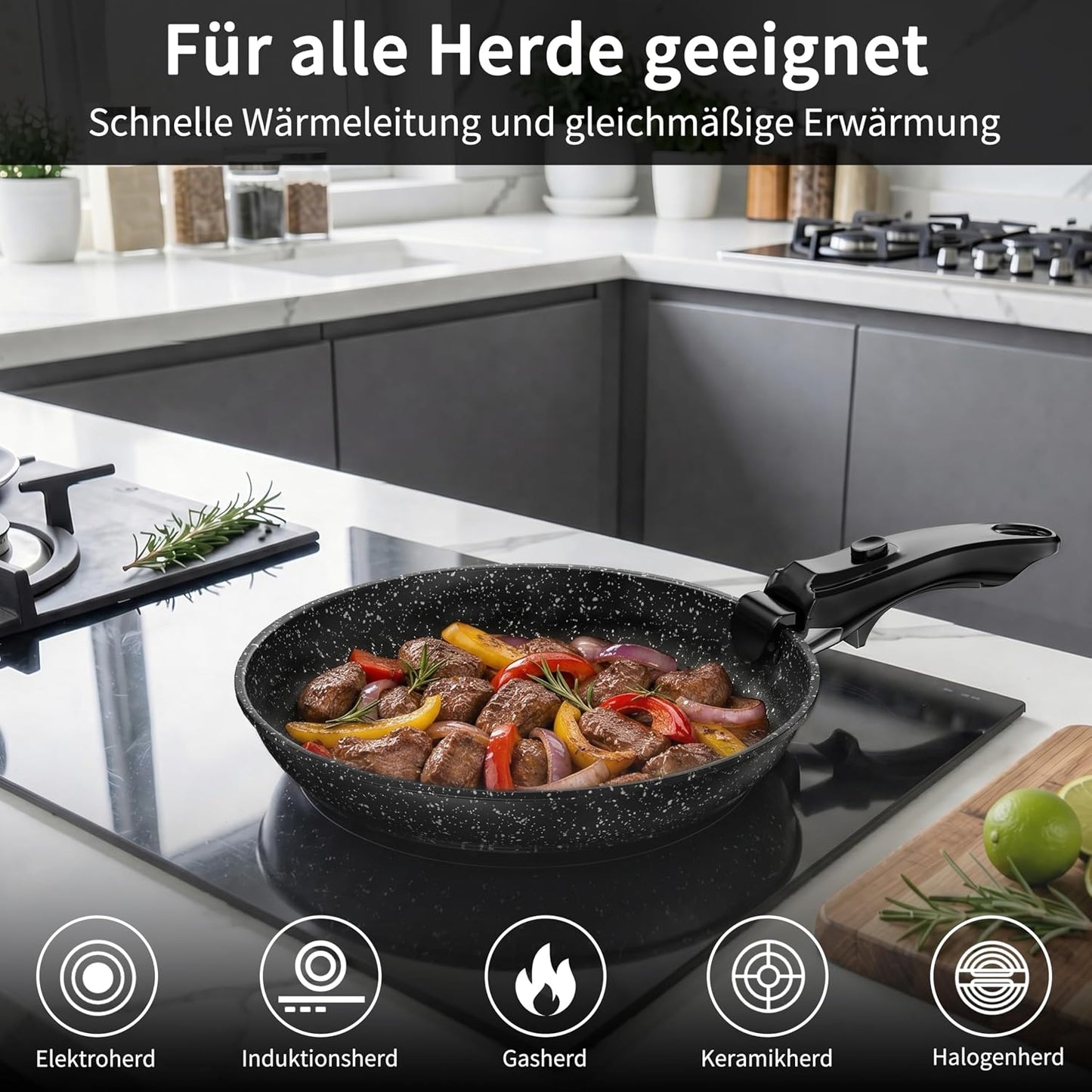 4-teiliges Pfannenset mit abnehmbaren Griffen, Tiefschwarz