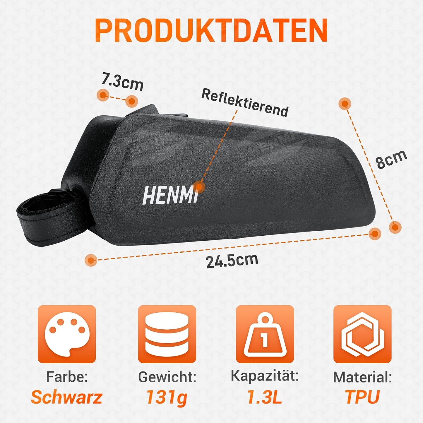 Oberrohrtasche für Fahrrad, wasserdicht, 1,3L mit Reissverschluss