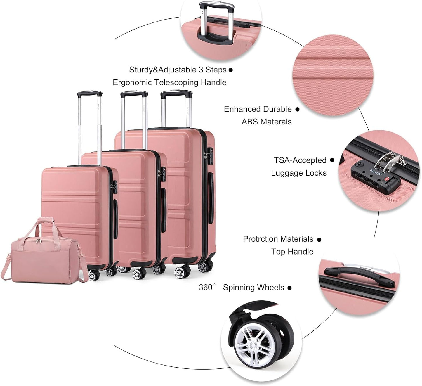 Hartschalen-Kofferset mit TSA-Schloss (4-teilig), Rosegold 55cm/65cm/74cm Gepäck-Sets