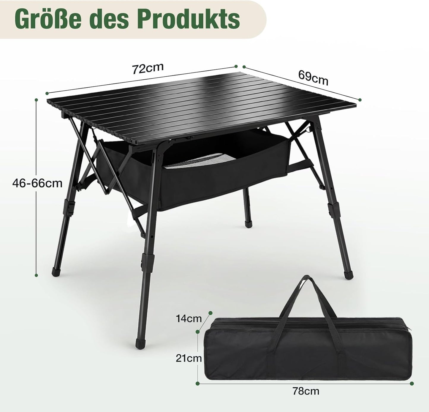 Faltbarer Campingtisch mit Höhenverstellung, 72x69cm