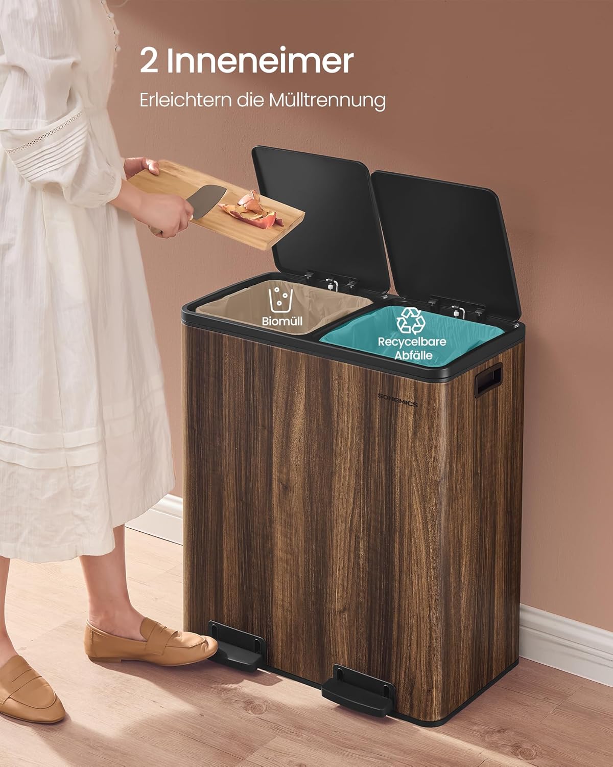 Mülltrennsystem Treteimer LTB060N02, 2 x 30 L, mit Softclose, dunkelwalnussfarben, 2 x 30 L