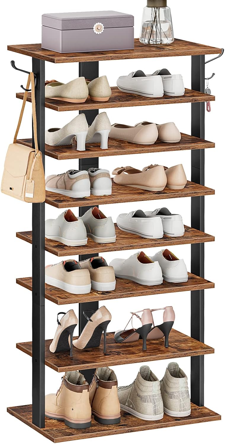 8-lagiges Schuhregal mit Haken, EBF750XJ01, 50 x 28 x 113 cm Dunkelbraun + Schwarz