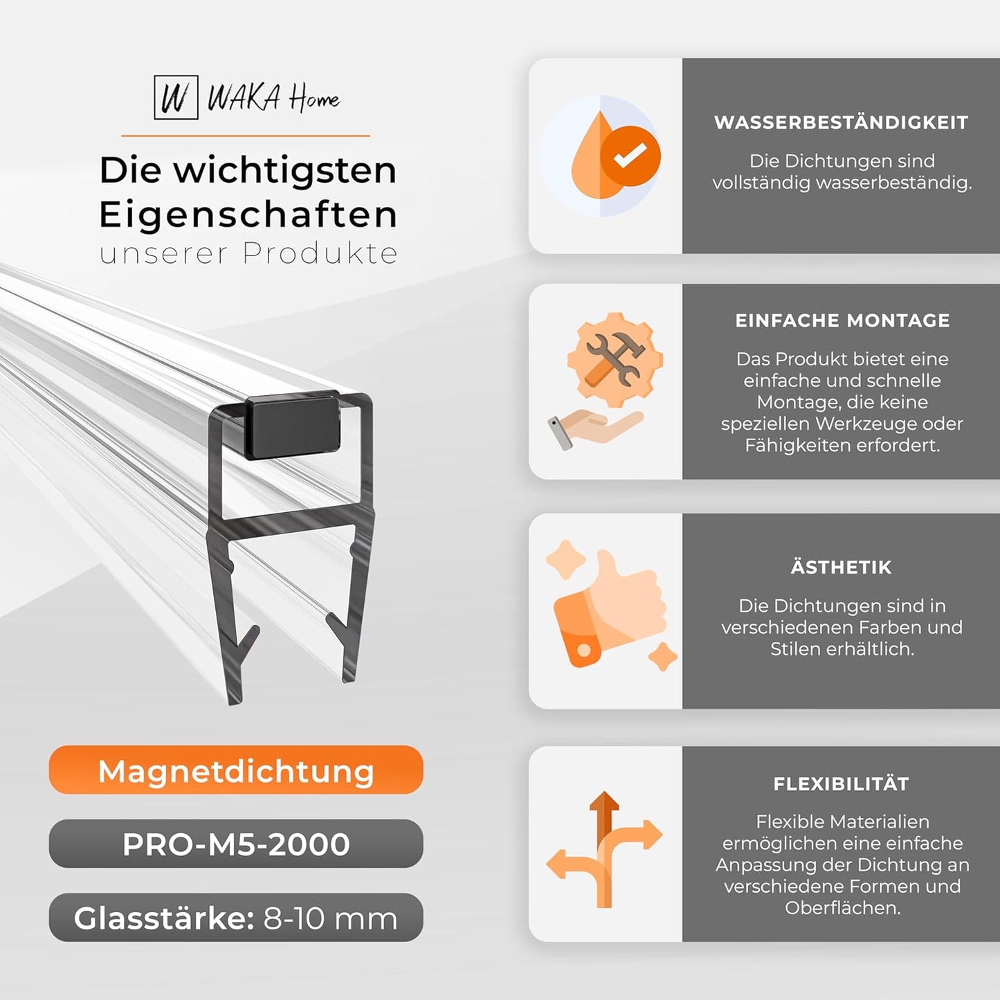 Magnetische Duschdichtung für Glastüren, Transparent 8-10mm Glas | 180°