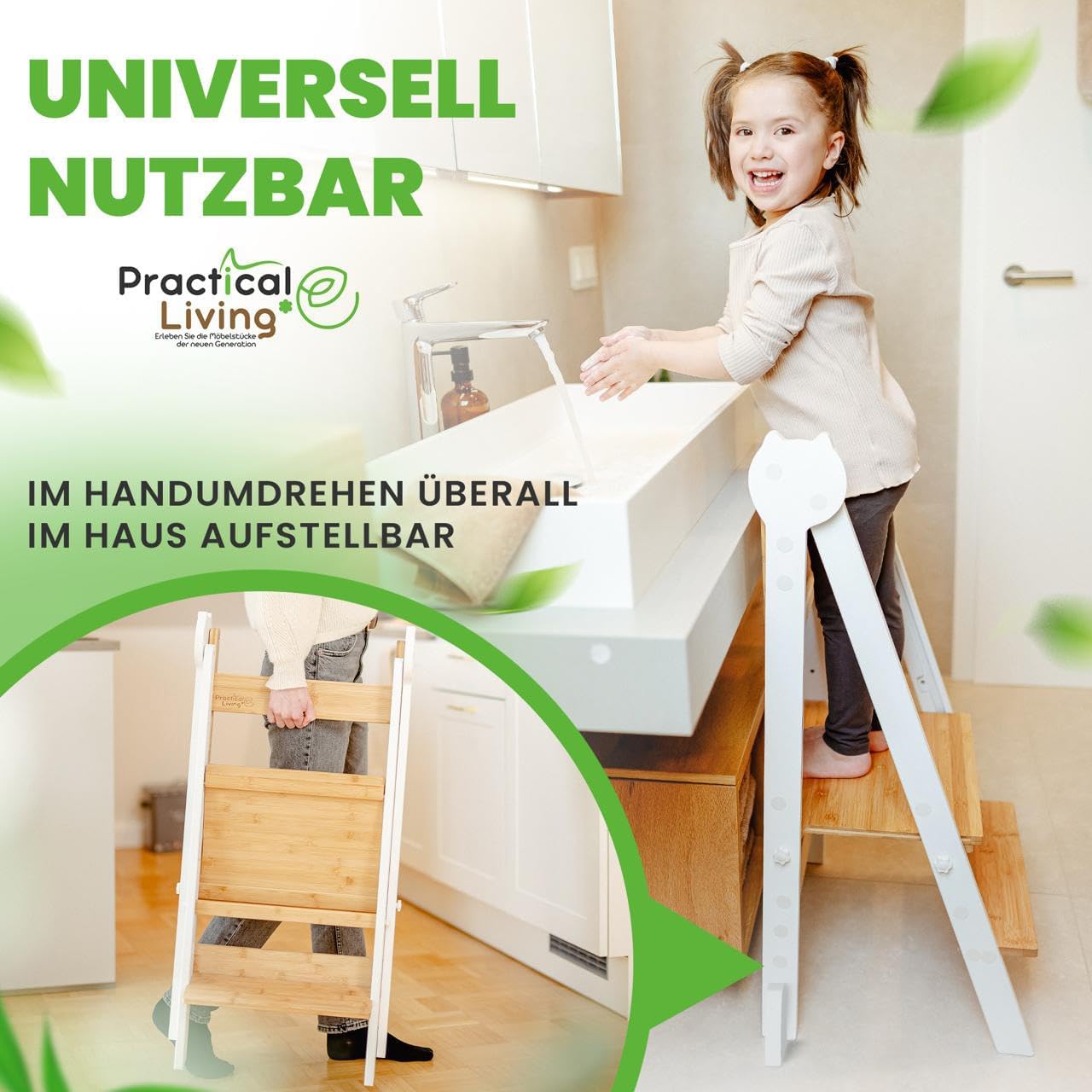 Lernturm höhenverstellbar, klappbar, Weiss / Bambus