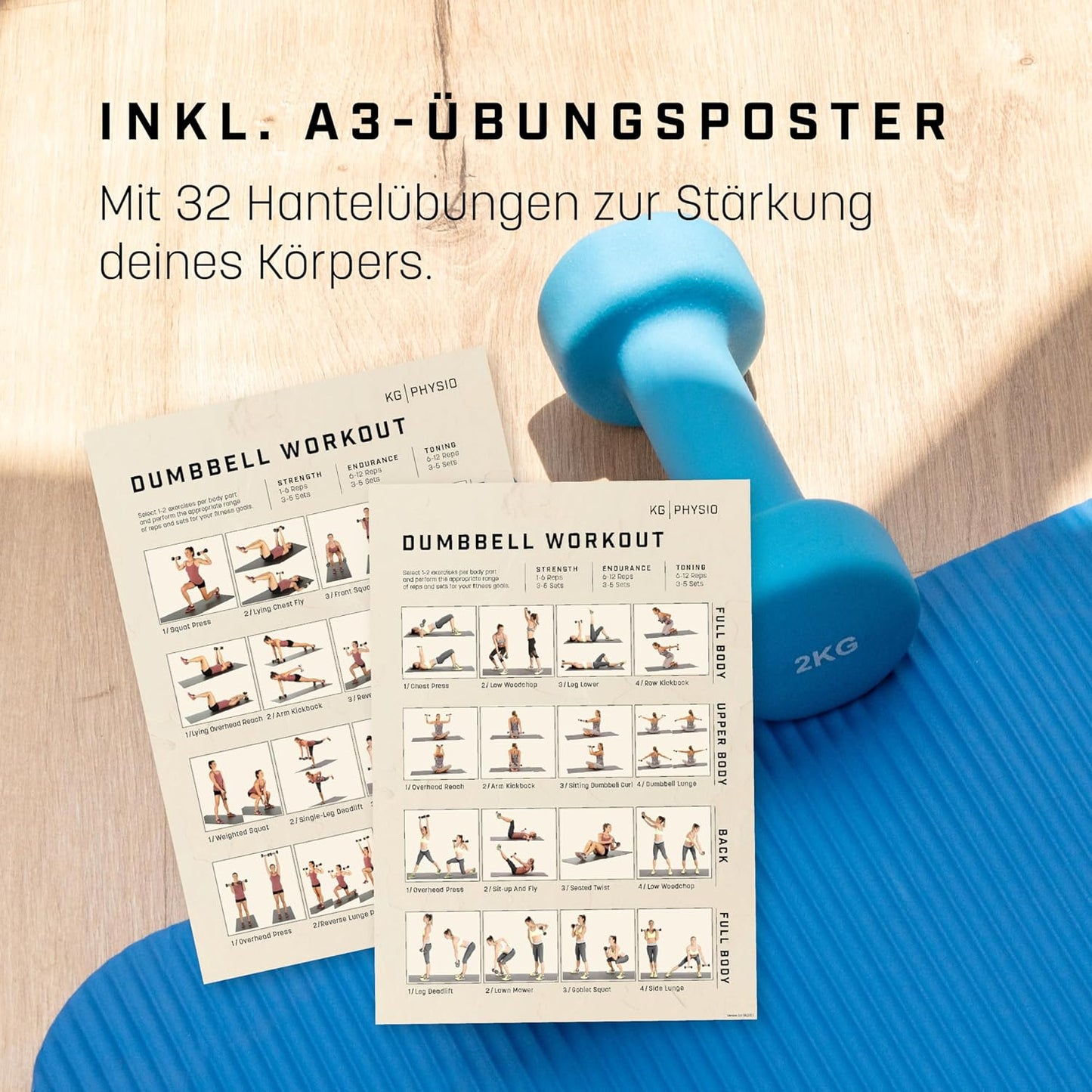 Neopren Hanteln-Set mit Fitnessposter, 2 x 2 kg, 2 x 2KG Blue
